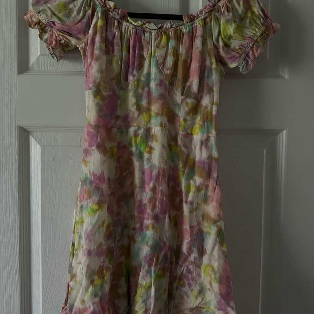 ASTR THE LABEL Watercolor Floral Off-Shoulder Mini Dress - Pink, Yellow & Green
